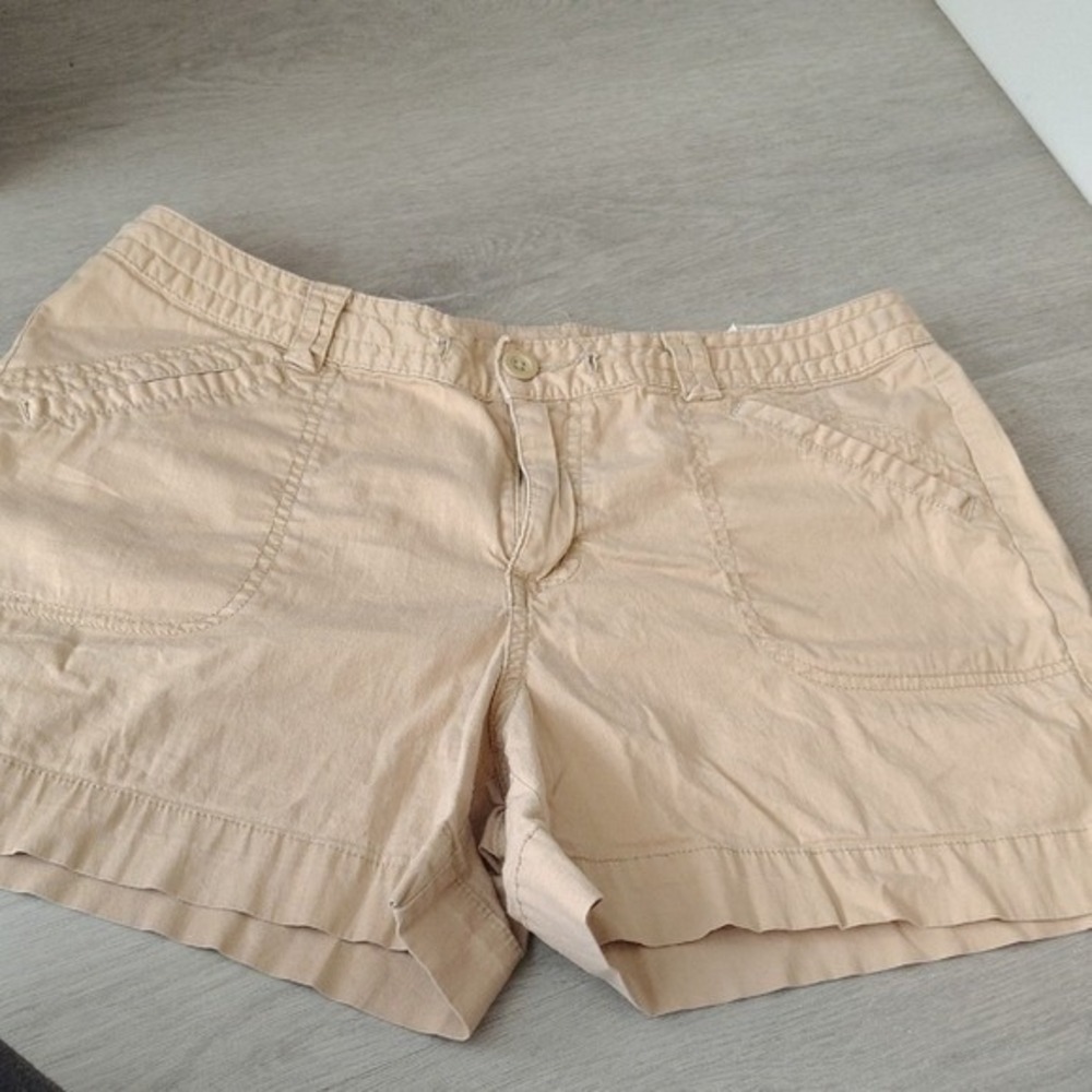 Khaki Tan Cargo Utility Shorts Womens Mid‎ Rise Front Patch Pockets Relaxed Fit